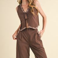 Embroidered Vest and Wide Leg Pants Set