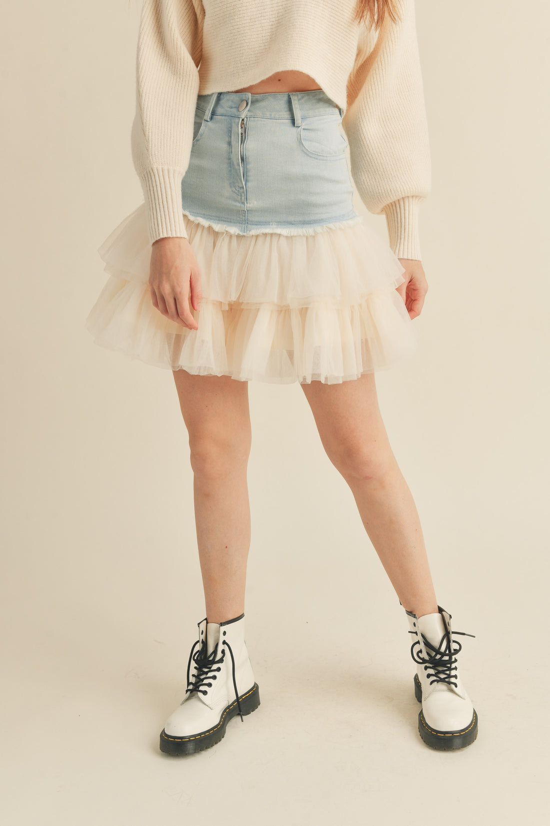 Denim Mini Skirt with Tulle