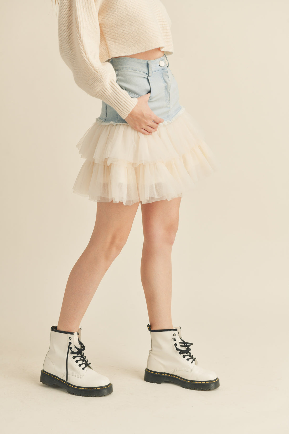 Denim Mini Skirt with Tulle