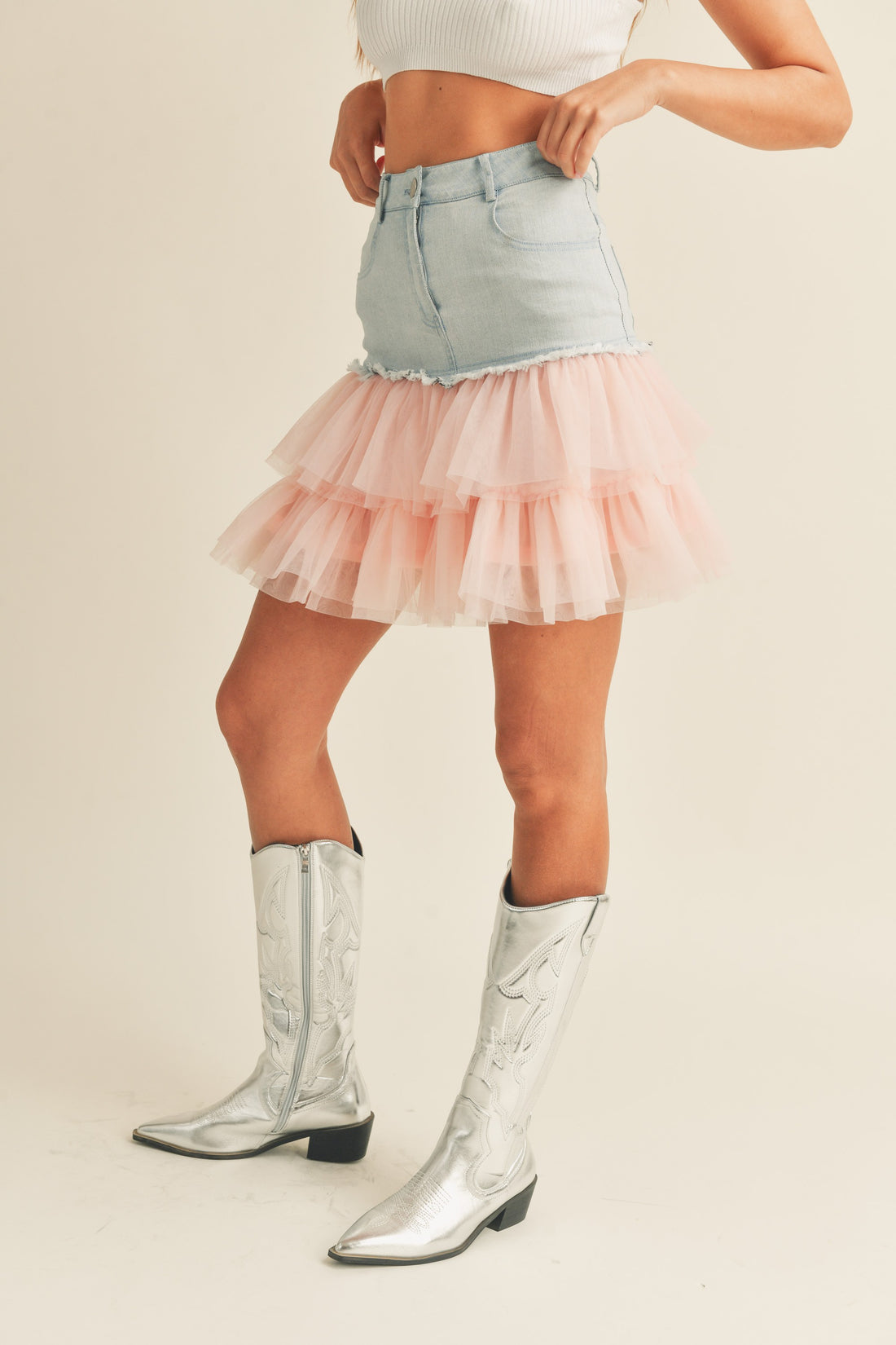 Denim Mini Skirt with Tulle