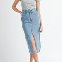 Front Slit Denim Midi Skirt