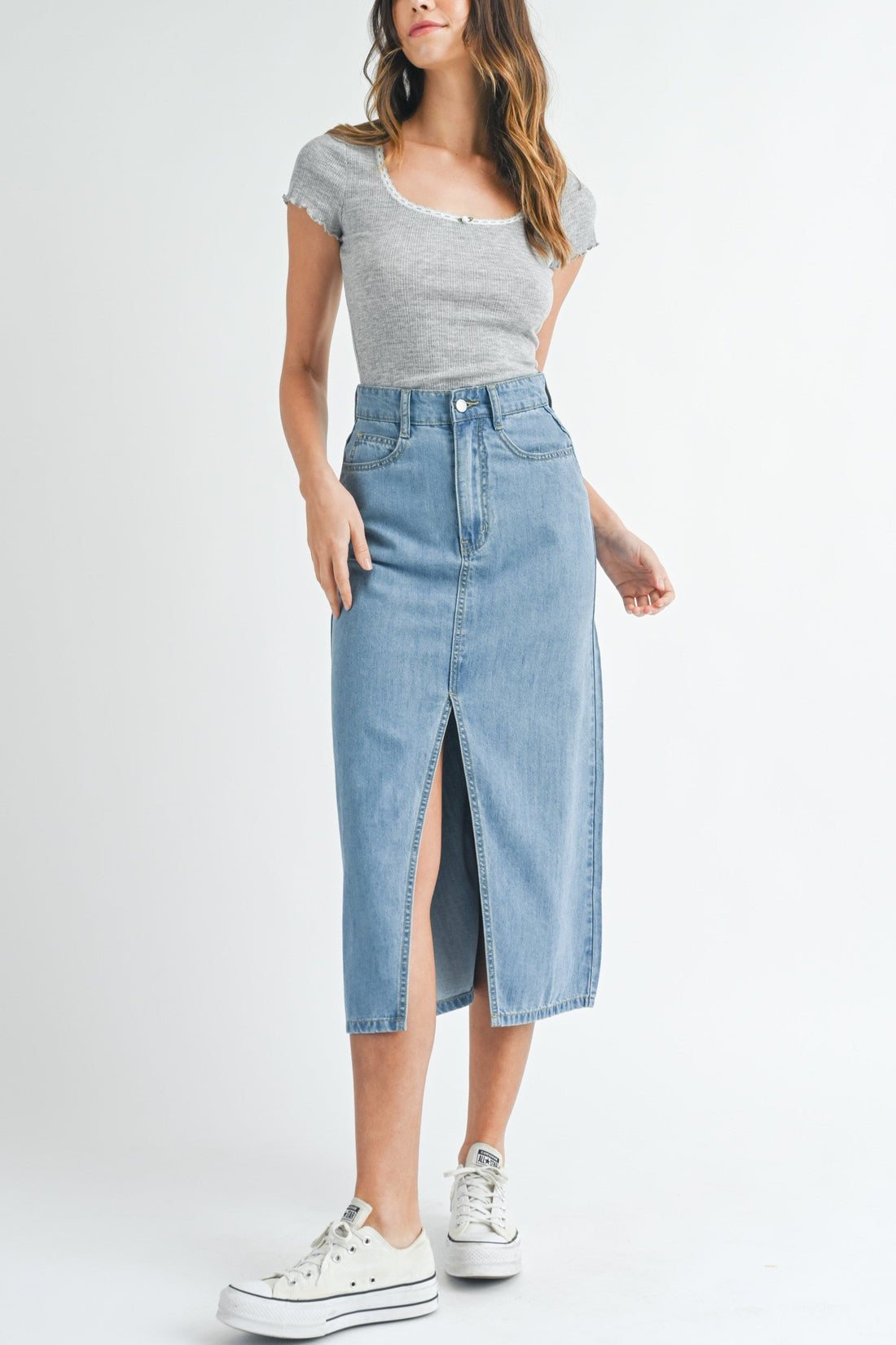 Front Slit Denim Midi Skirt
