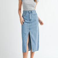 Front Slit Denim Midi Skirt
