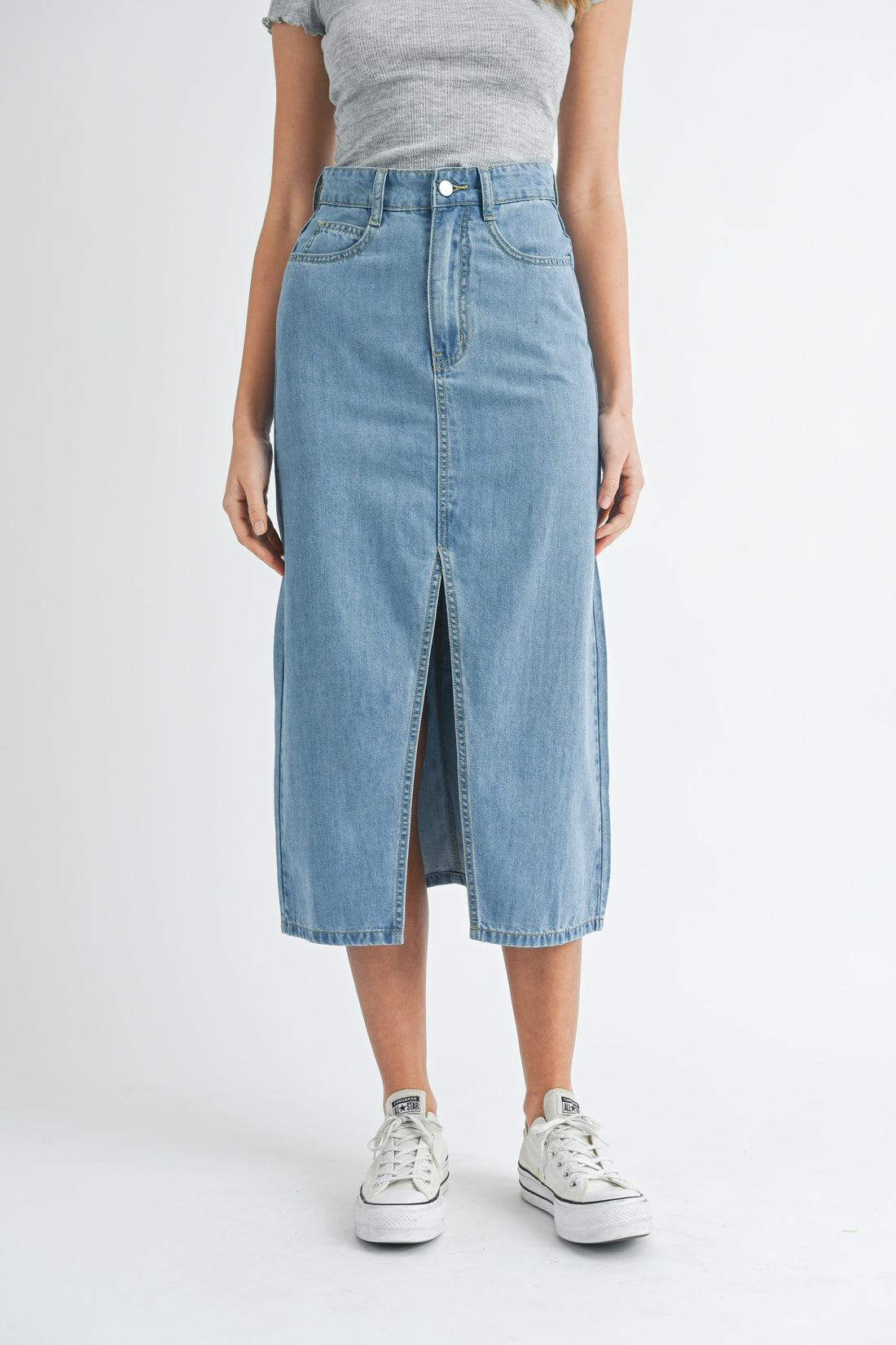 Front Slit Denim Midi Skirt
