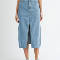 Front Slit Denim Midi Skirt