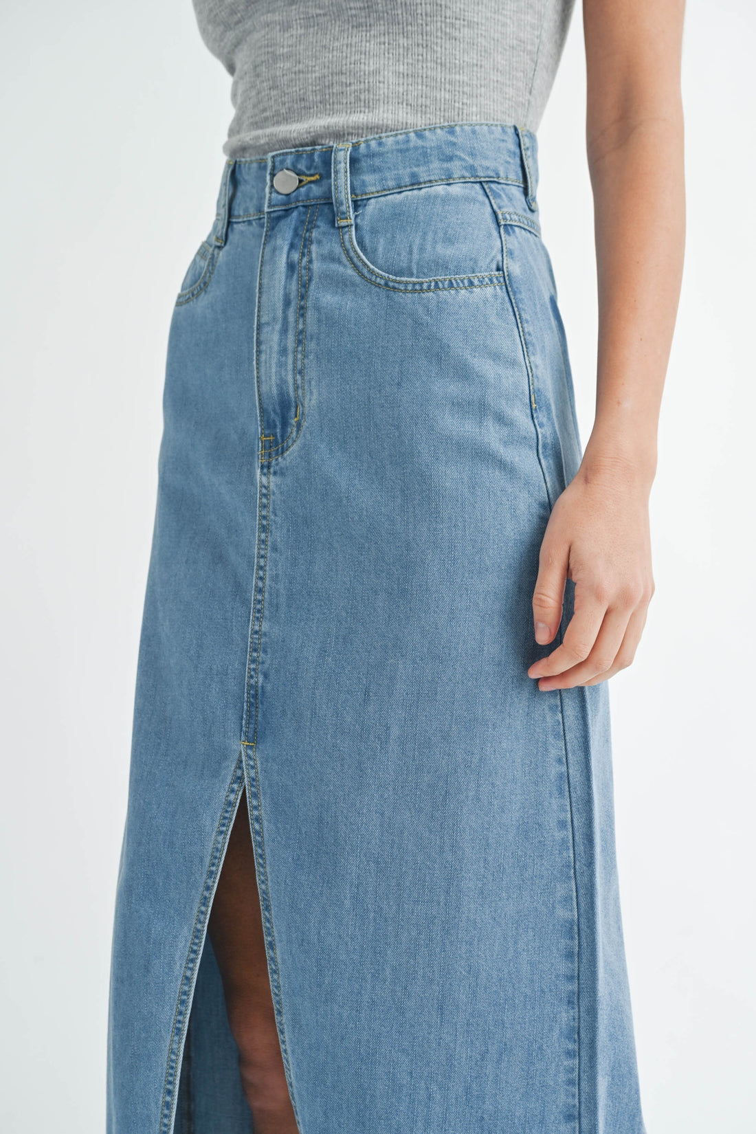 Front Slit Denim Midi Skirt
