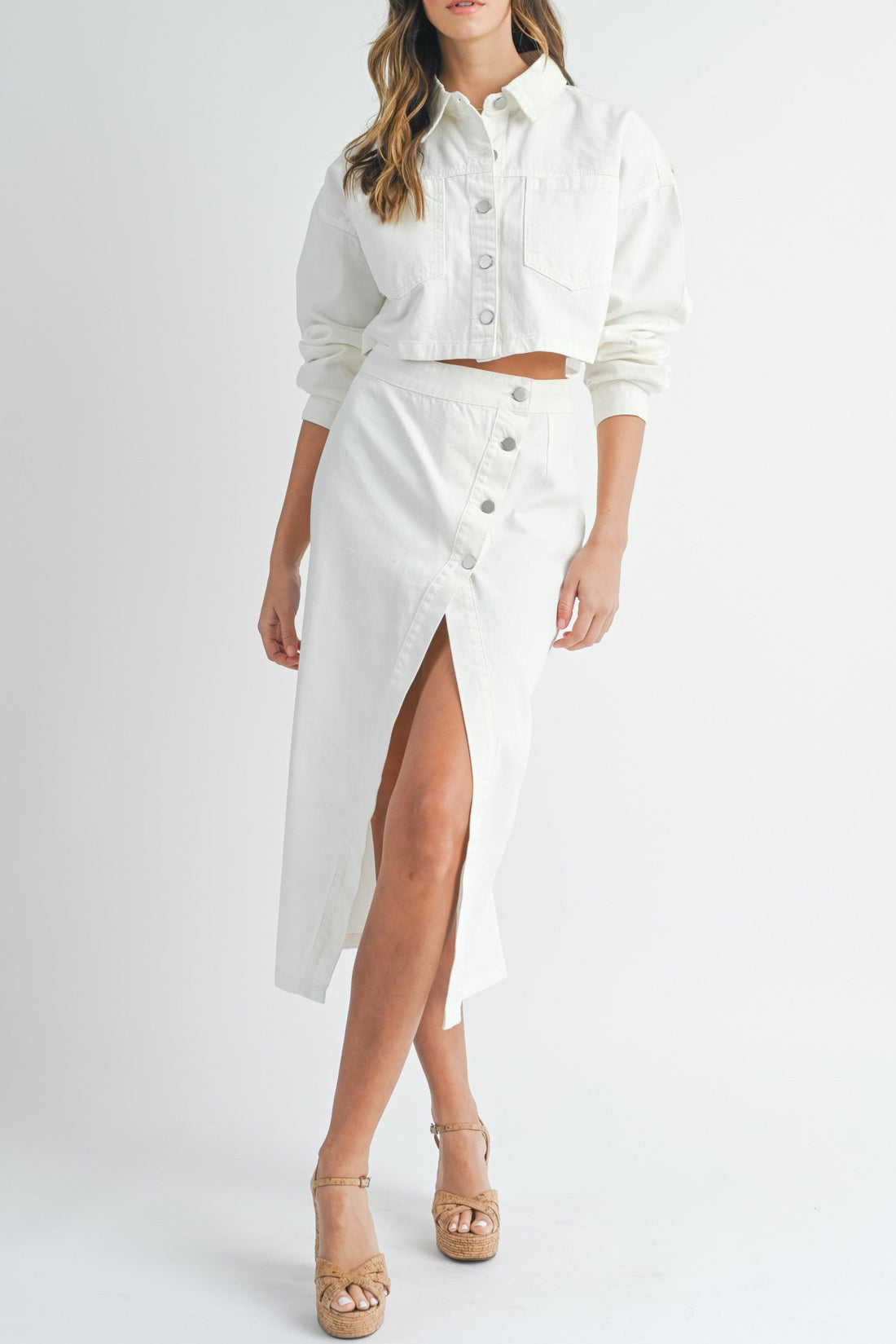 White Denim Crop Jacket and Slit Skirt Set