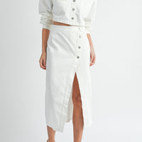 White Denim Crop Jacket and Slit Skirt Set