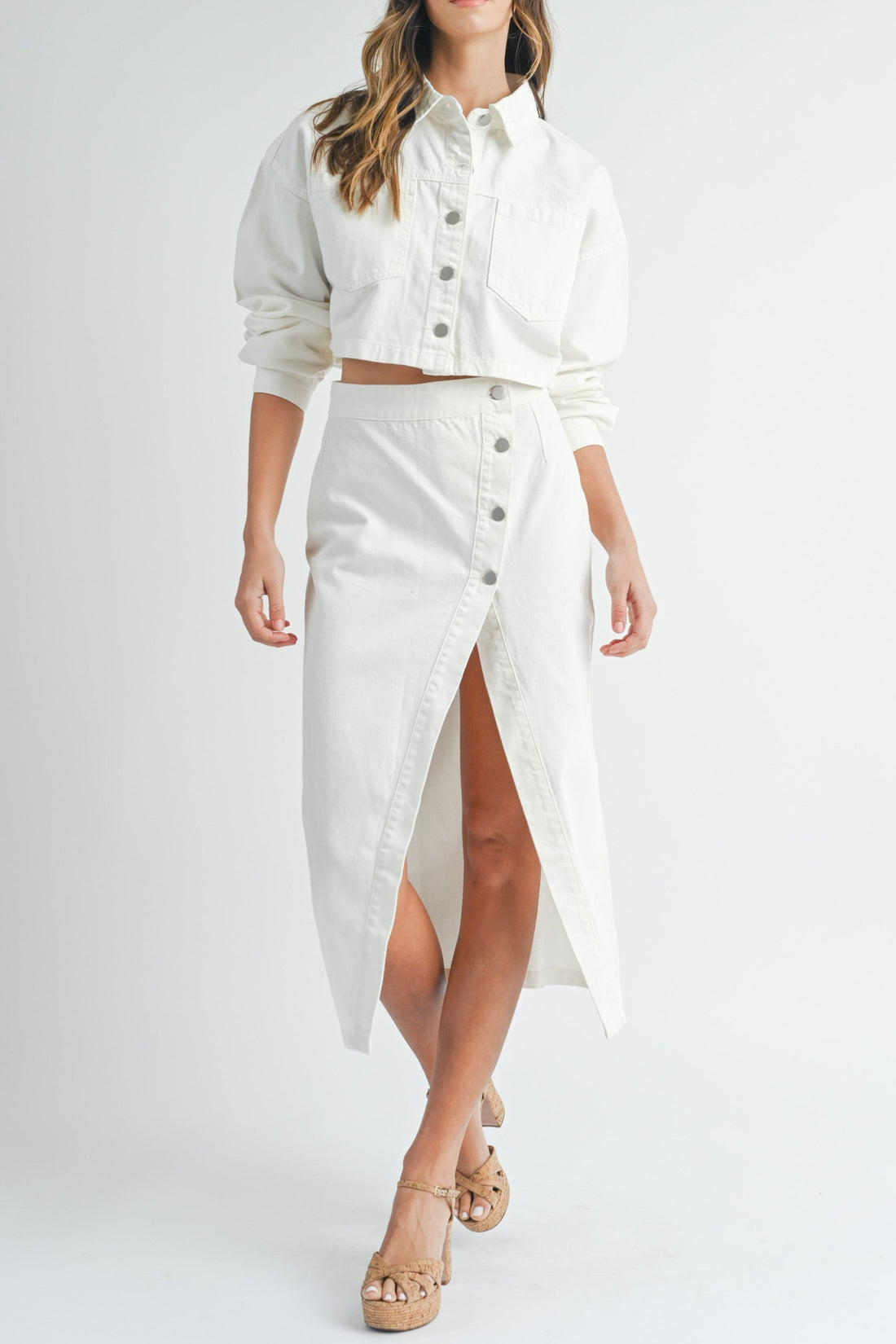 White Denim Crop Jacket and Slit Skirt Set