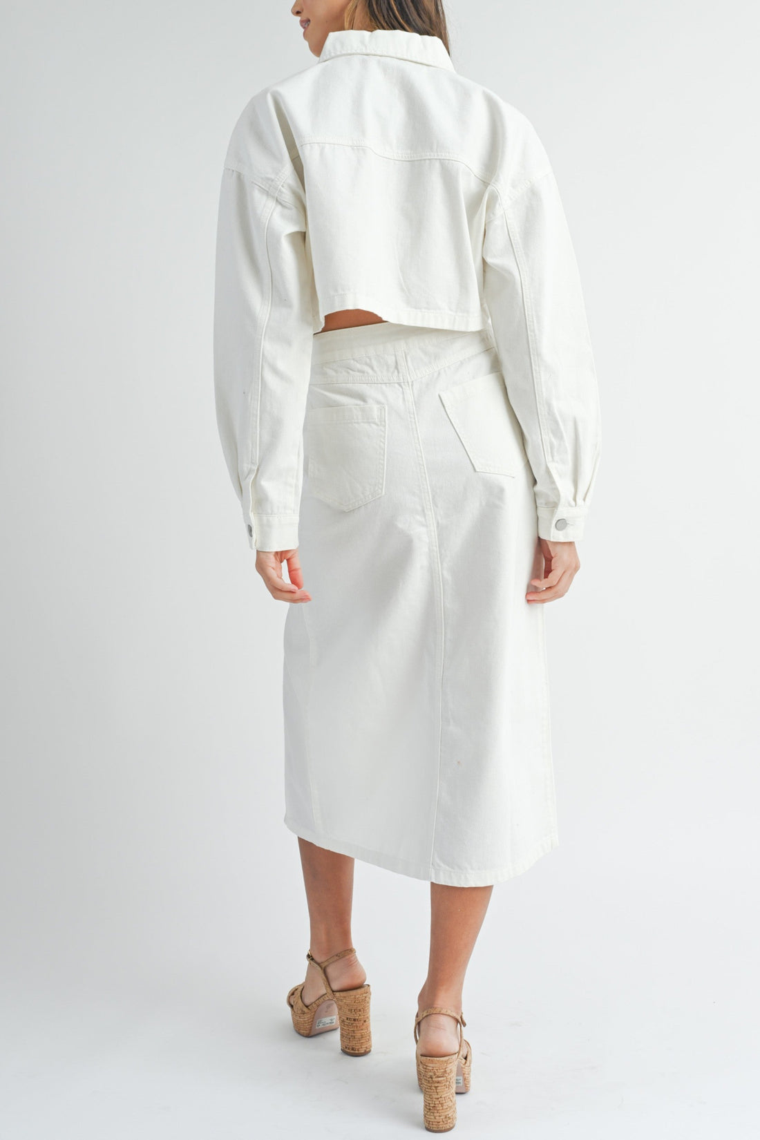 White Denim Crop Jacket and Slit Skirt Set