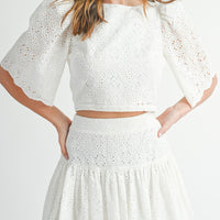 Eyelet Lace Puff Sleeve Crop Top & Skirt Set