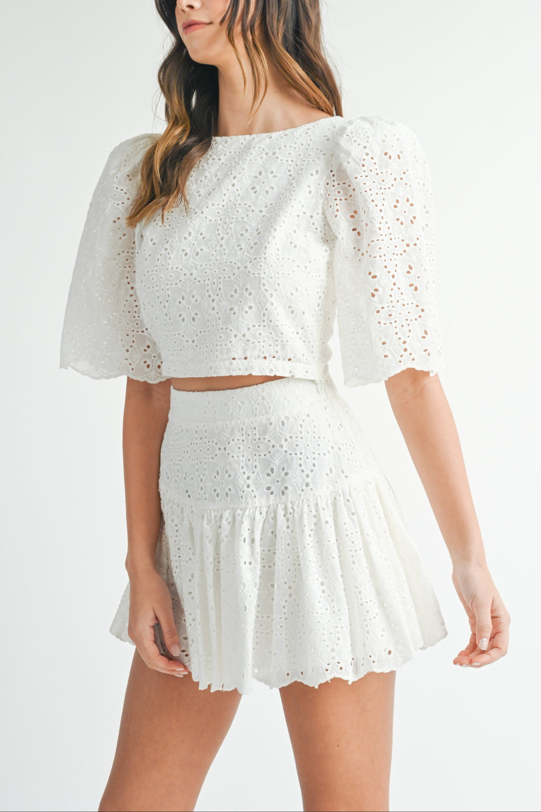 Eyelet Lace Puff Sleeve Crop Top & Skirt Set