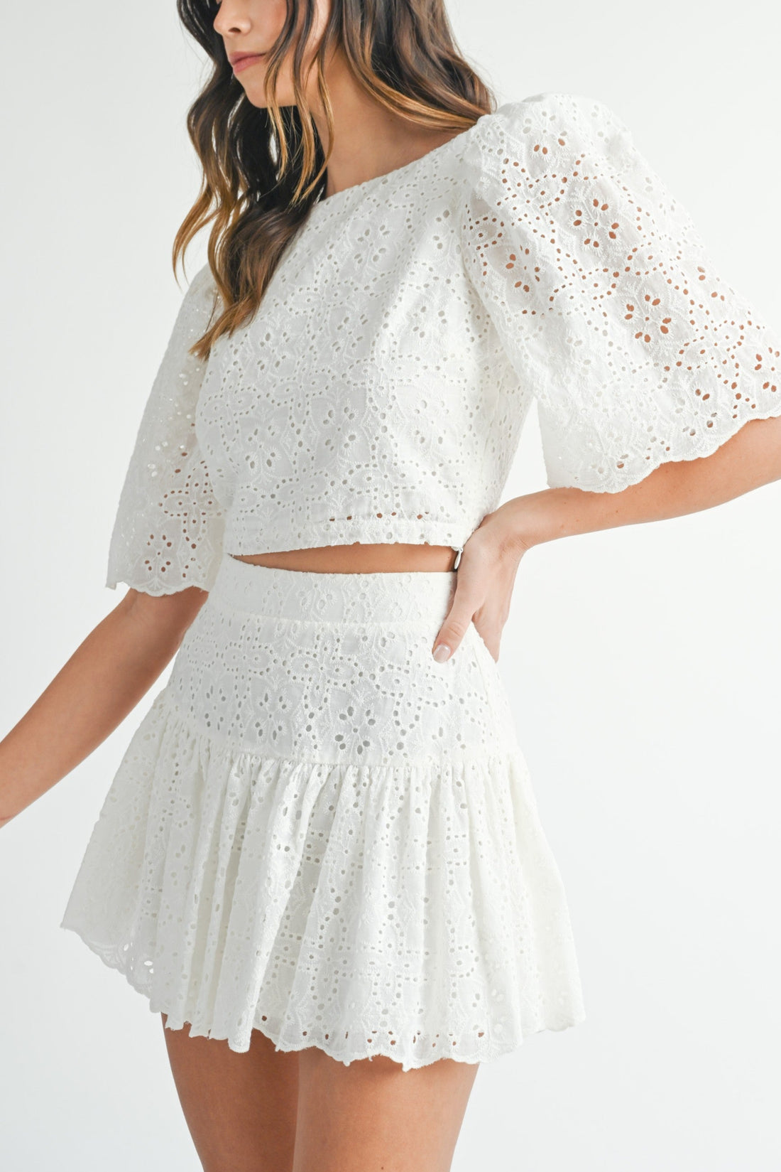Eyelet Lace Puff Sleeve Crop Top & Skirt Set