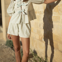 Bow Tie Front Puff Sleeve Peplum Top & Shorts Set