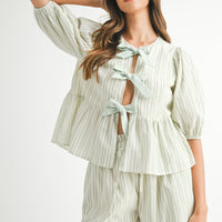Bow Tie Front Puff Sleeve Peplum Top & Shorts Set