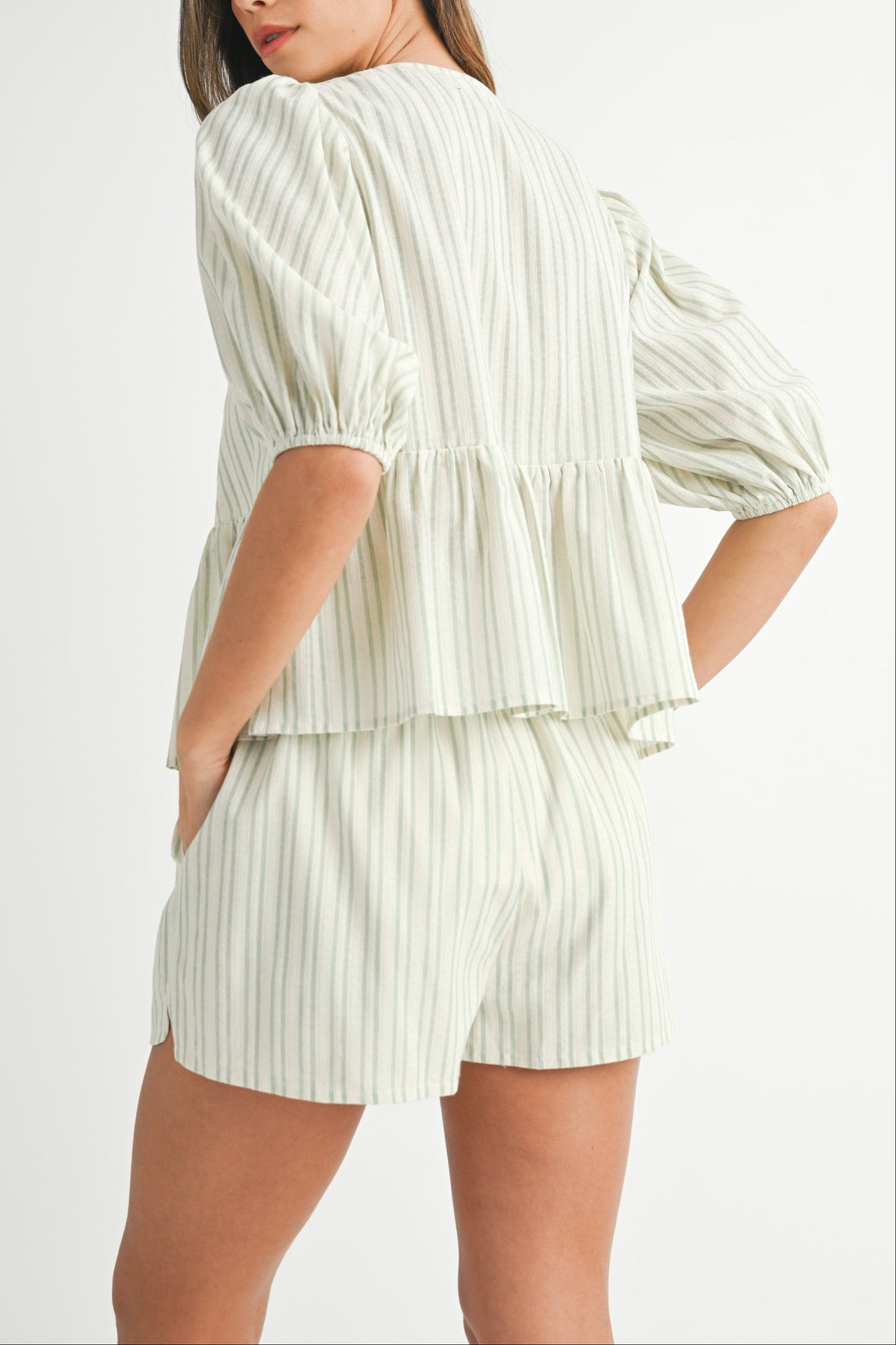 Bow Tie Front Puff Sleeve Peplum Top & Shorts Set