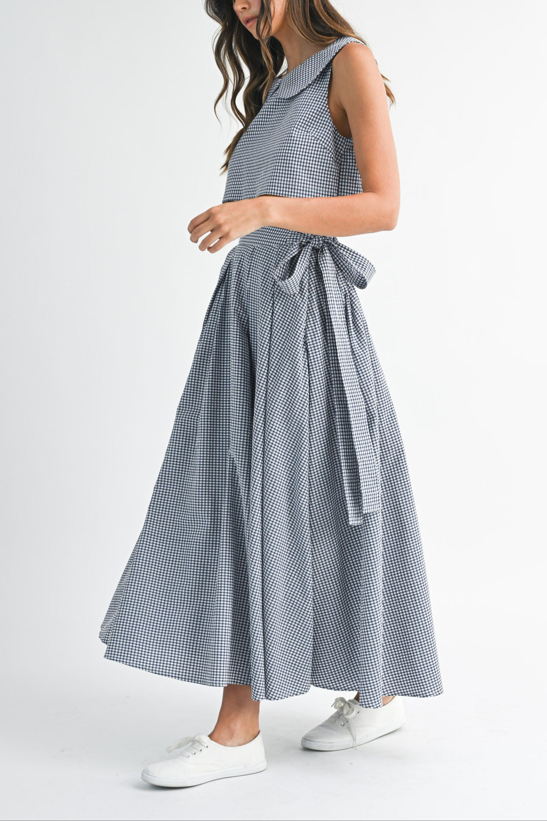 Gingham Cute Collar Crop Top & Maxi Skirt Set
