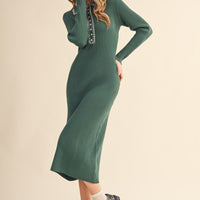 Ribbed Knit Midi Dress with Contrast Stitch Collar