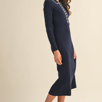 Ribbed Knit Midi Dress with Contrast Stitch Collar