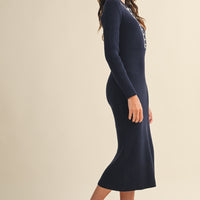 Ribbed Knit Midi Dress with Contrast Stitch Collar