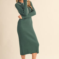 Ribbed Knit Midi Dress with Contrast Stitch Collar