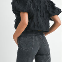 Textured Scallop Puff Sleeve Blouse Top