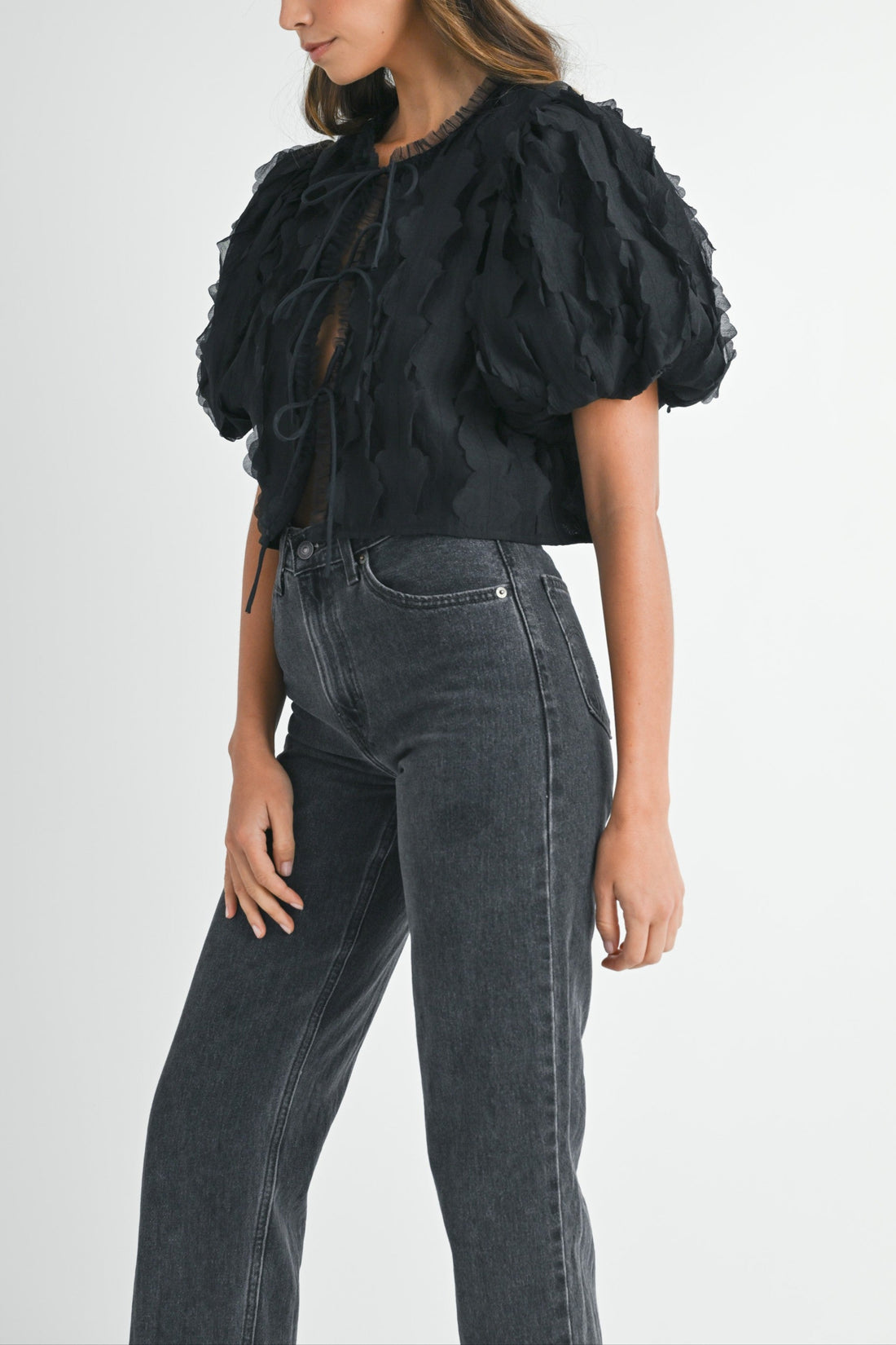 Textured Scallop Puff Sleeve Blouse Top