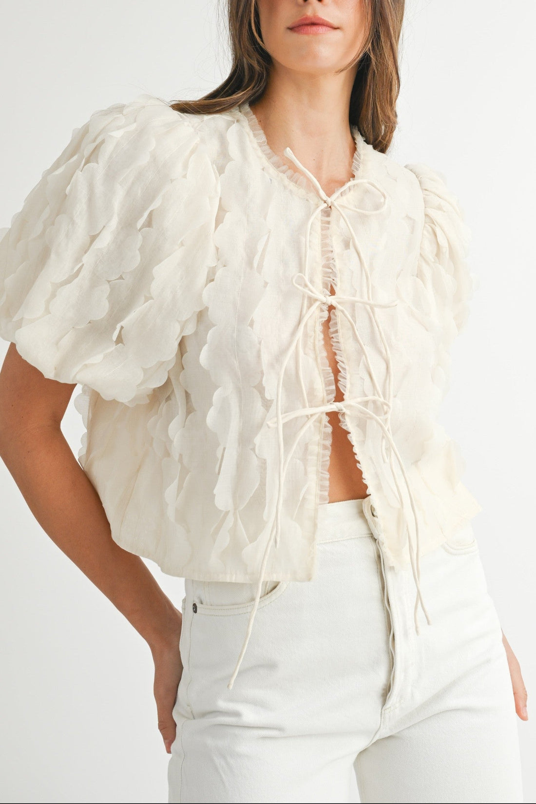 Textured Scallop Puff Sleeve Blouse Top