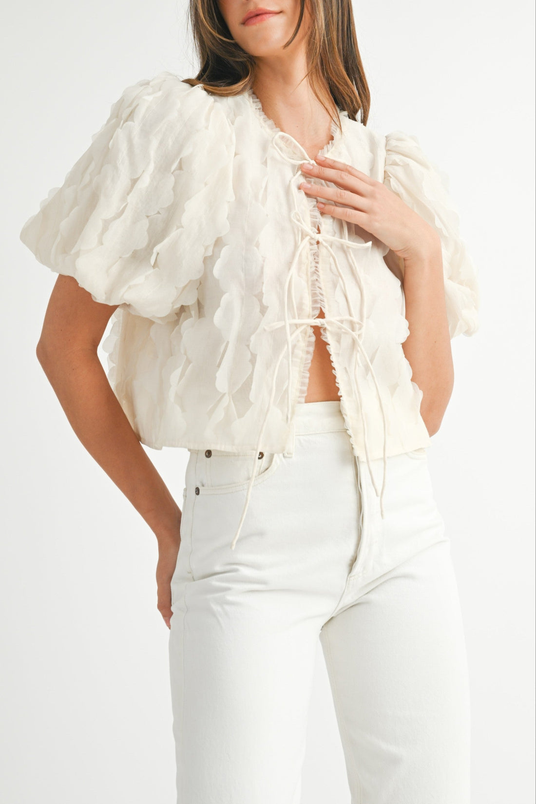 Textured Scallop Puff Sleeve Blouse Top