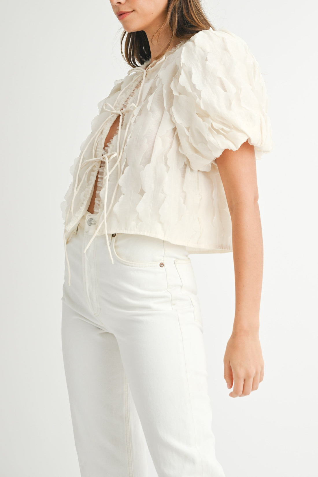 Textured Scallop Puff Sleeve Blouse Top