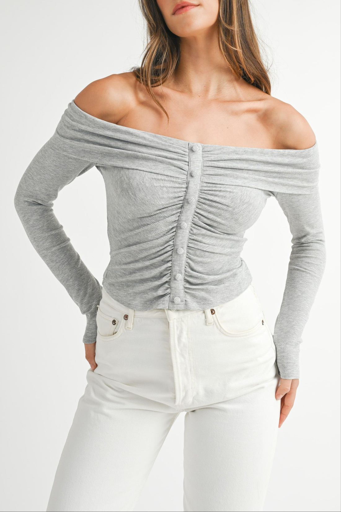 Ruched Ribbed Jersey Off Shoulder Top