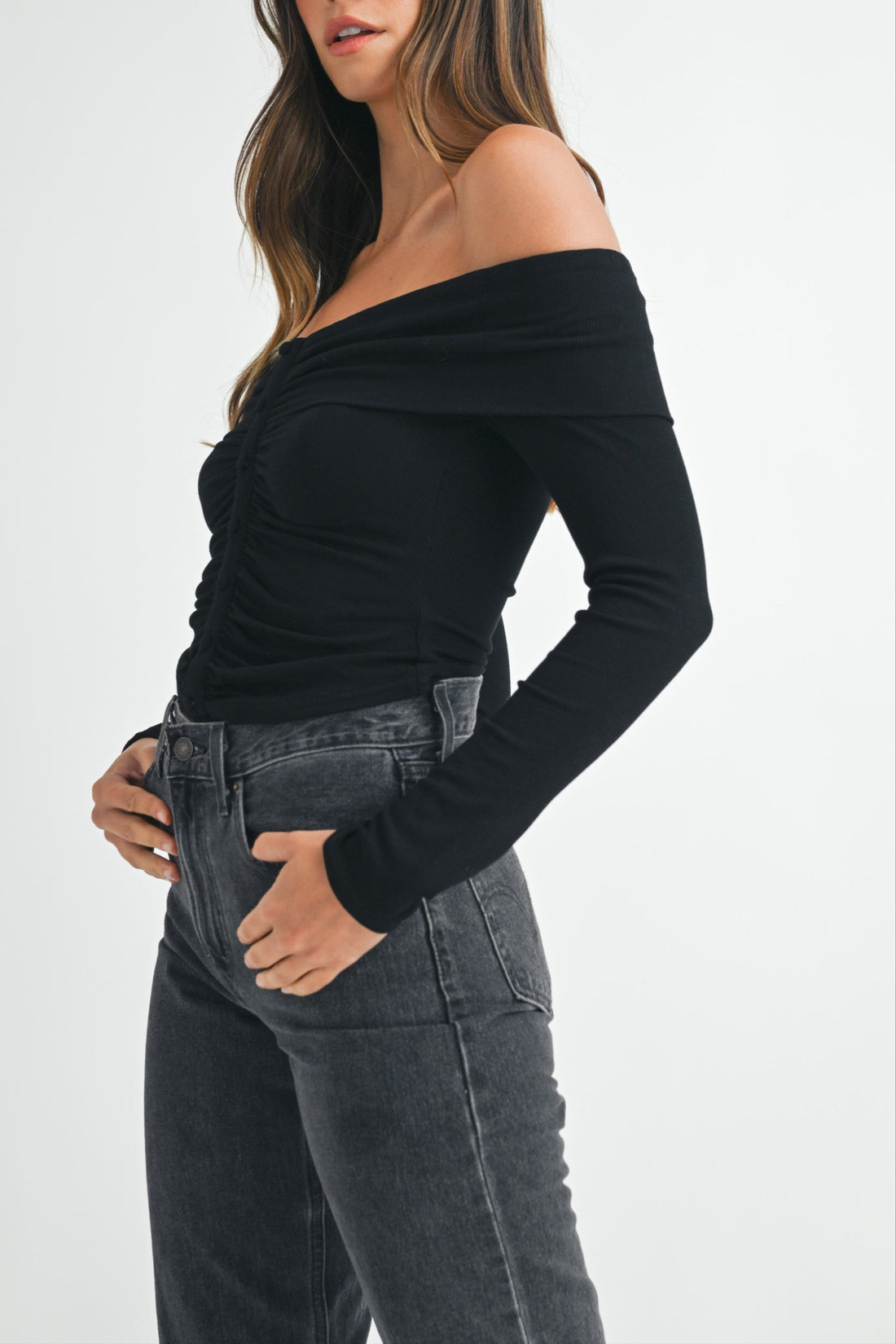 Ruched Ribbed Jersey Off Shoulder Top