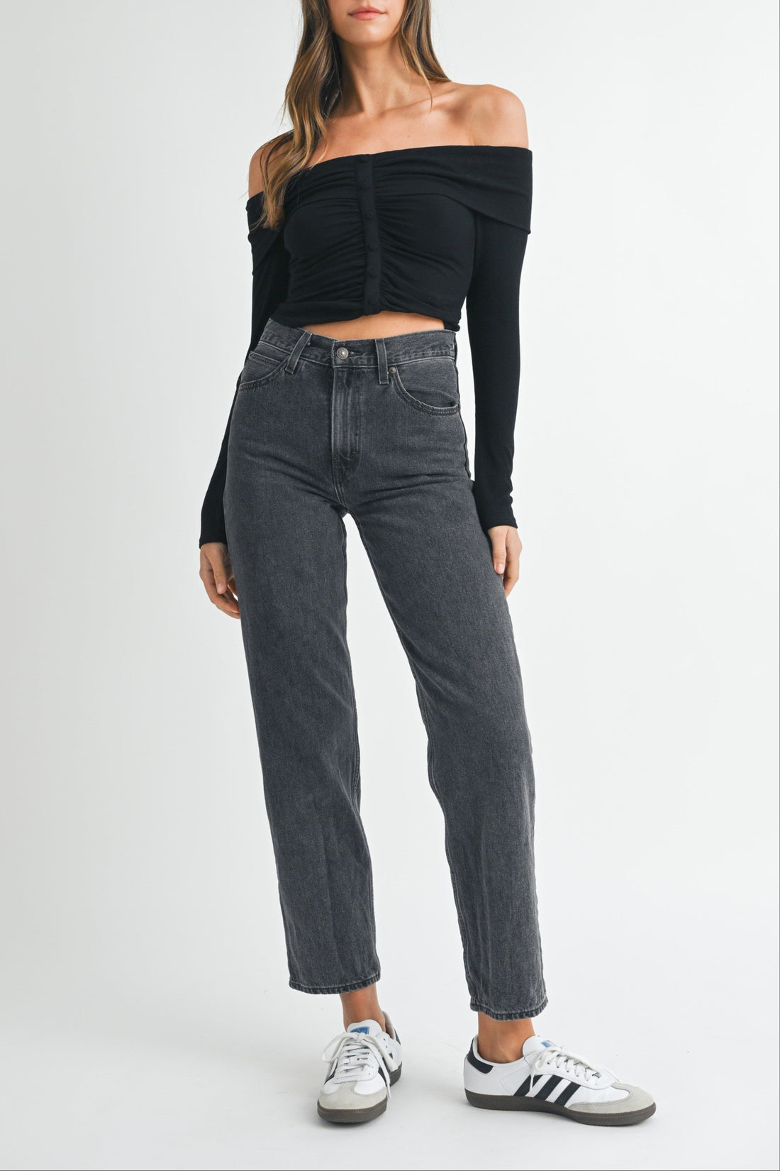 Ruched Ribbed Jersey Off Shoulder Top