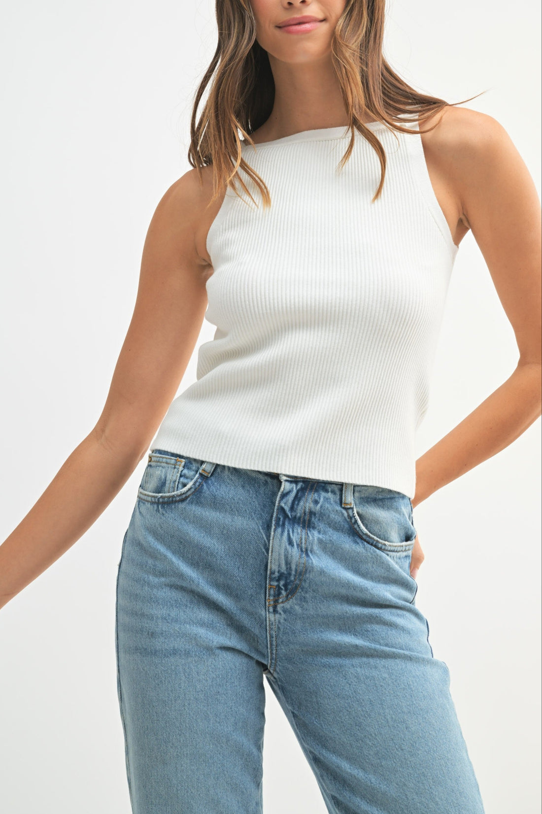 Ribbed Knit High Neck Sleeveless Top