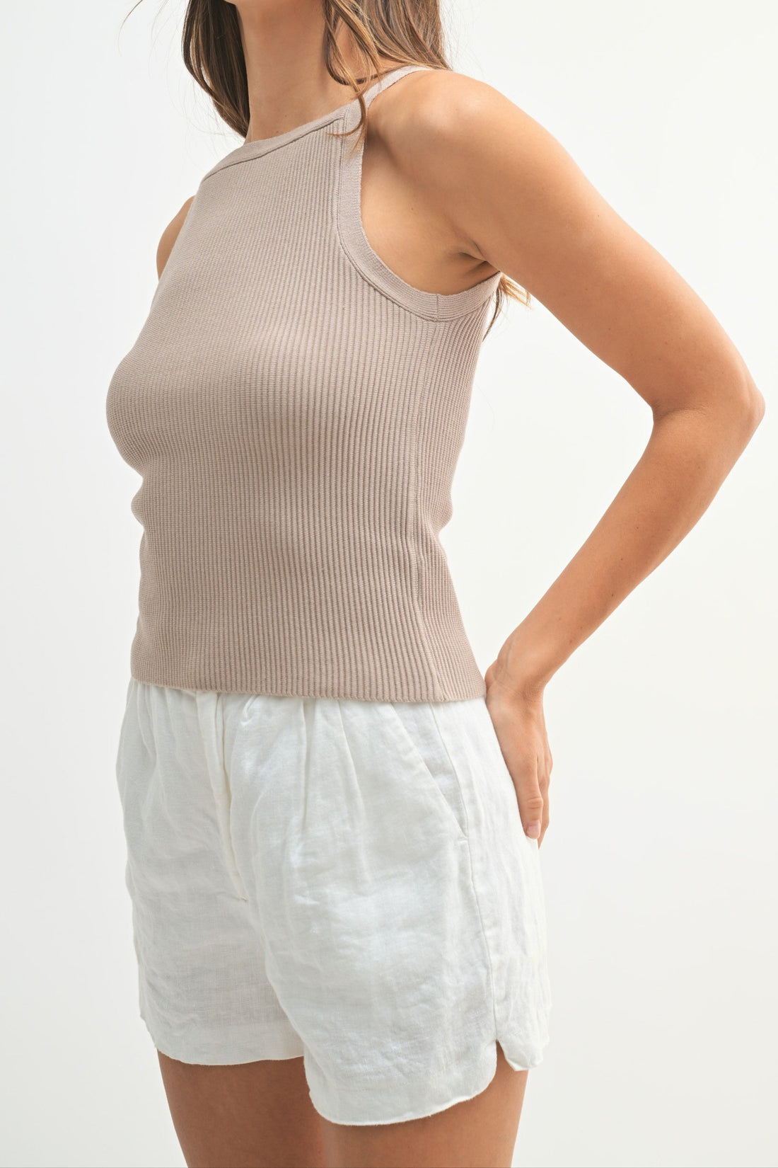 Ribbed Knit High Neck Sleeveless Top