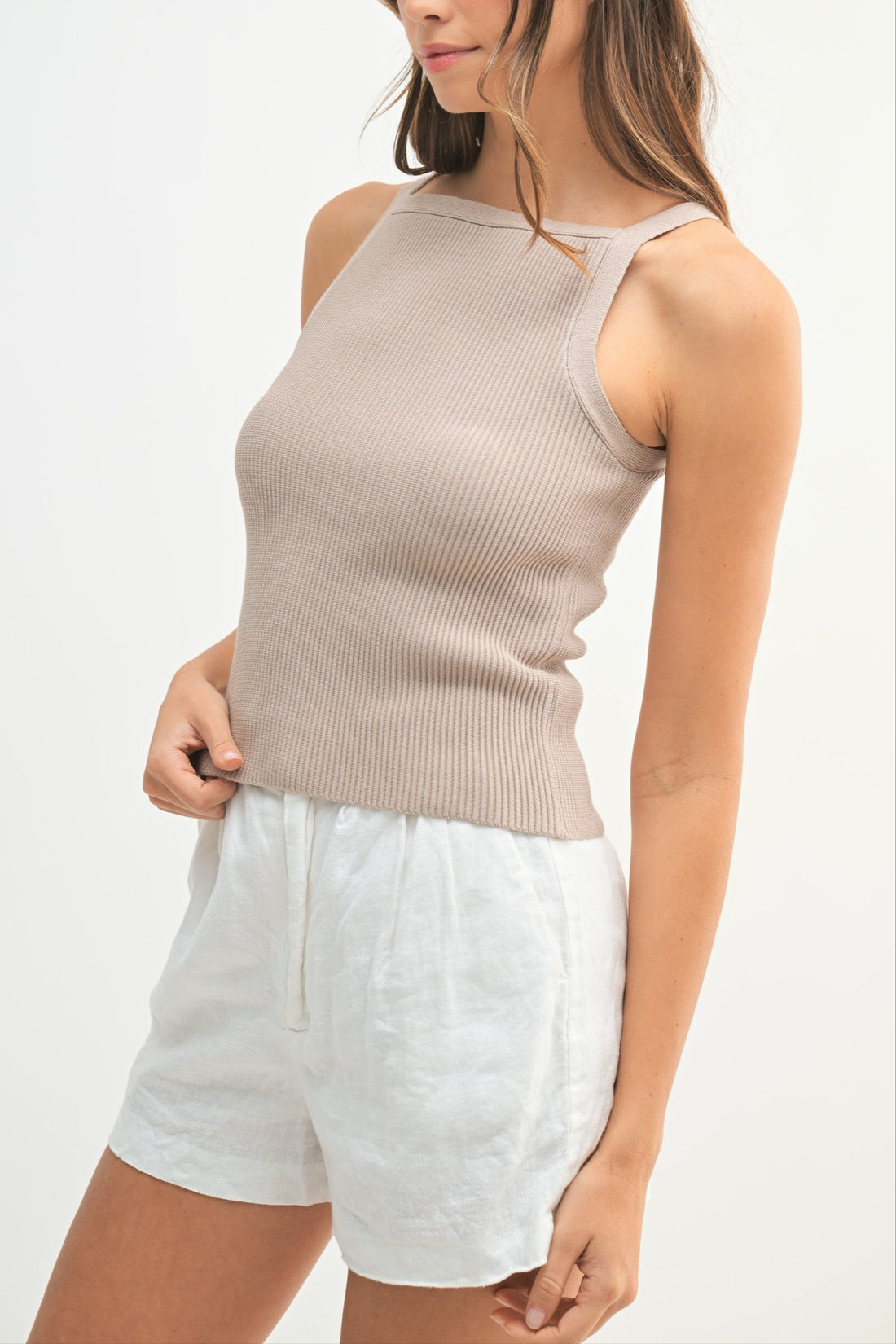 Ribbed Knit High Neck Sleeveless Top
