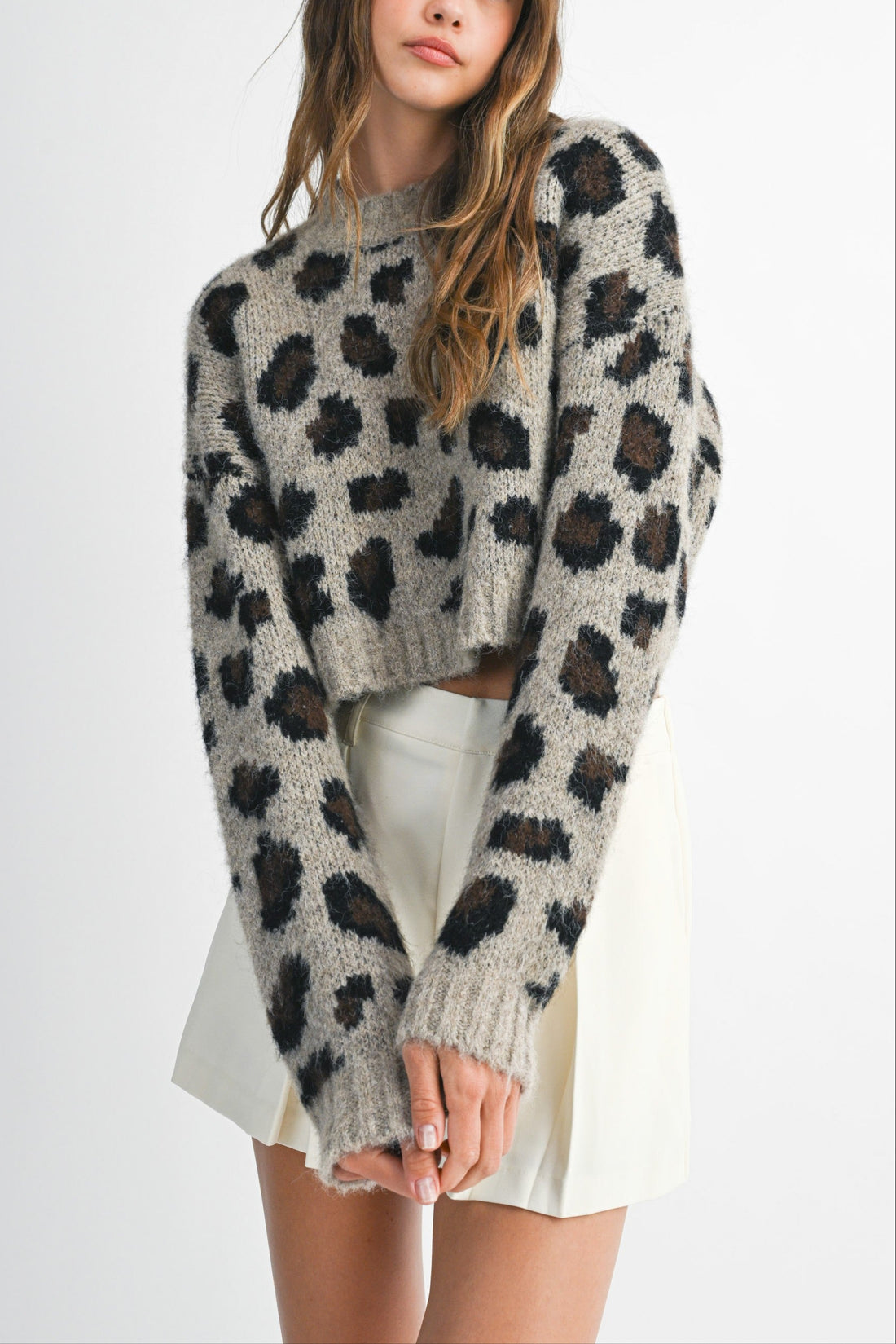 Fuzzy Leopard Print Cropped Sweater