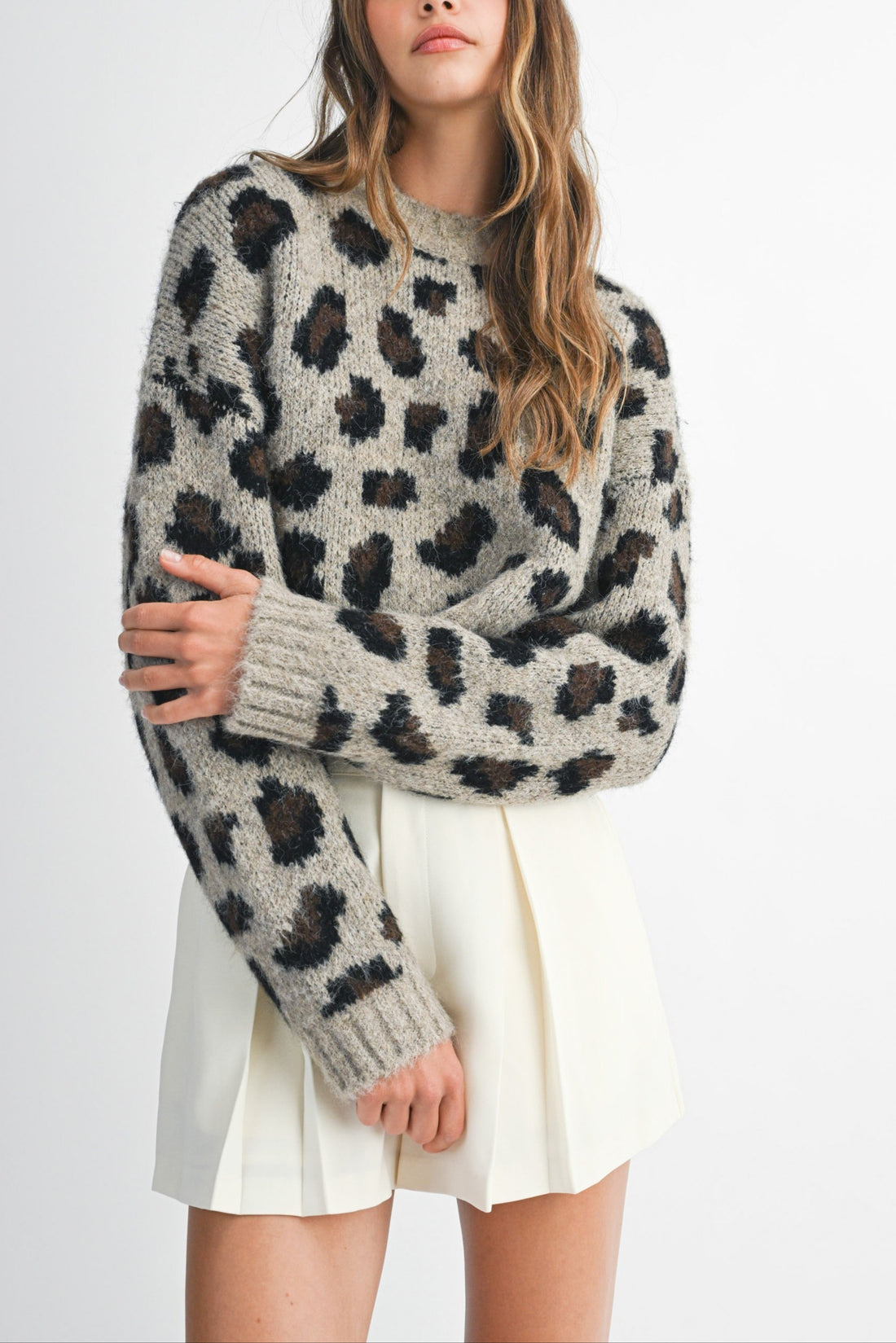 Fuzzy Leopard Print Cropped Sweater