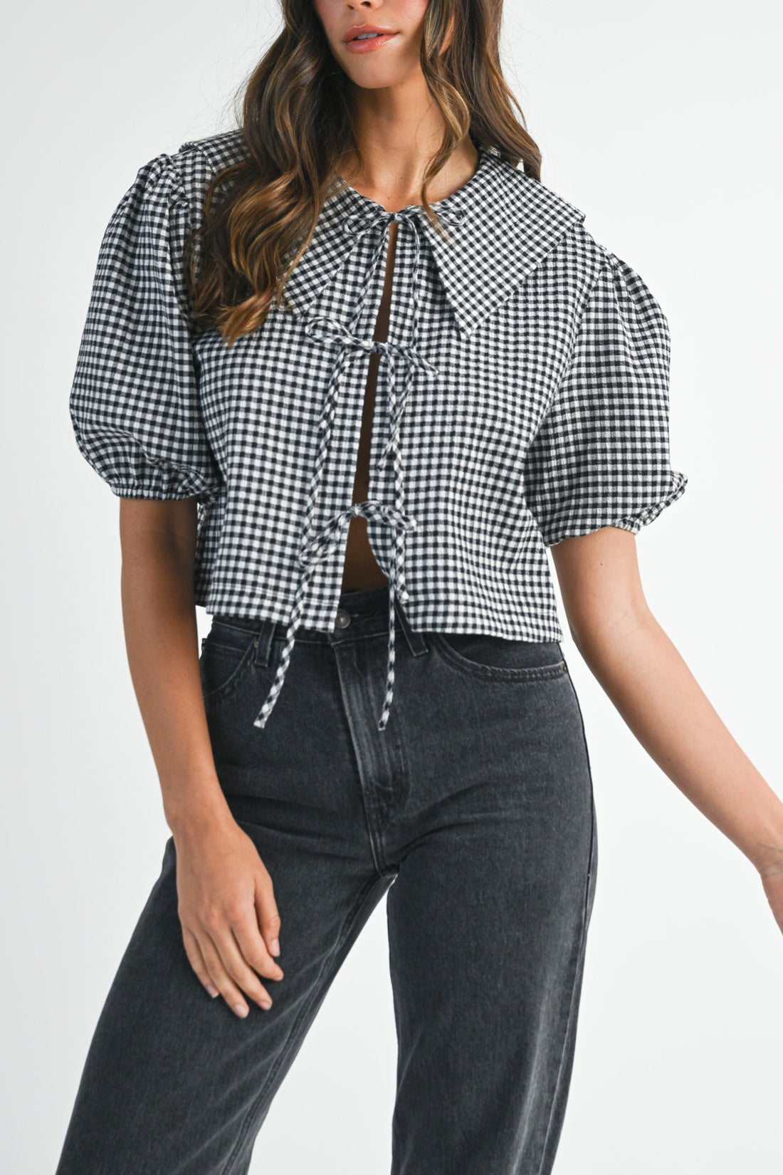 Gingham Puff Sleeve Tie-Front Cropped Blouse