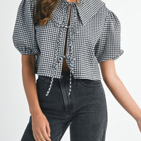Gingham Puff Sleeve Tie-Front Cropped Blouse