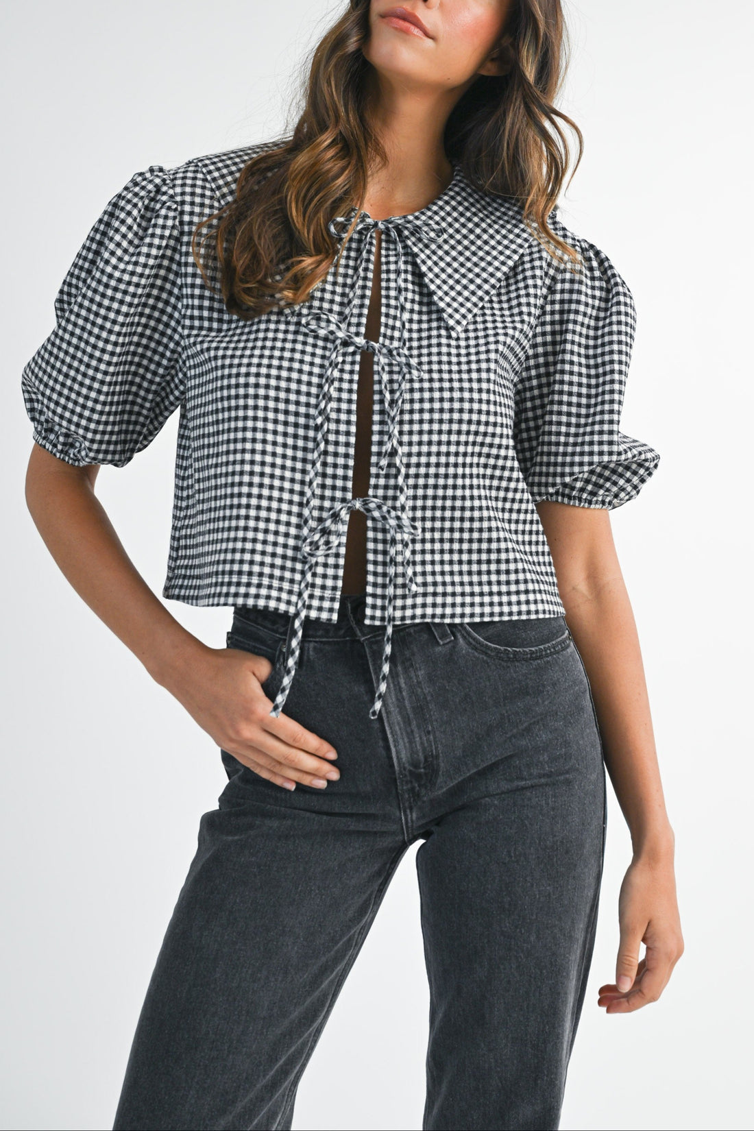 Gingham Puff Sleeve Tie-Front Cropped Blouse