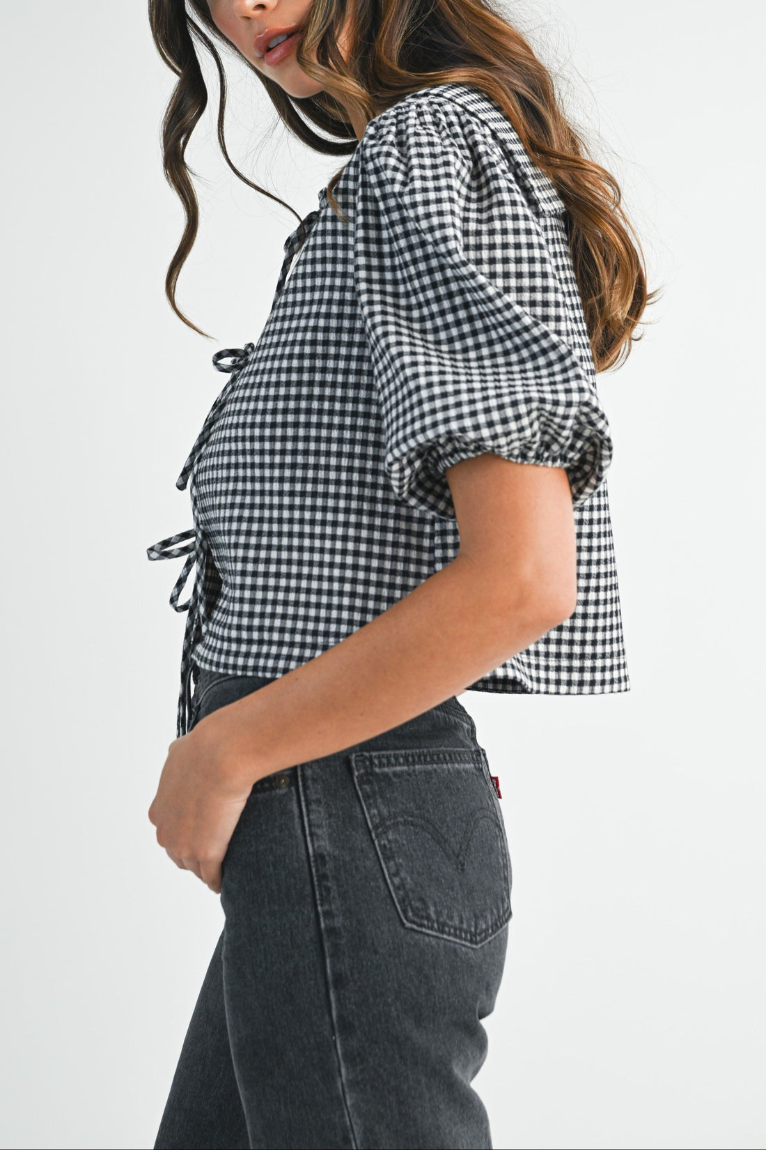 Gingham Puff Sleeve Tie-Front Cropped Blouse