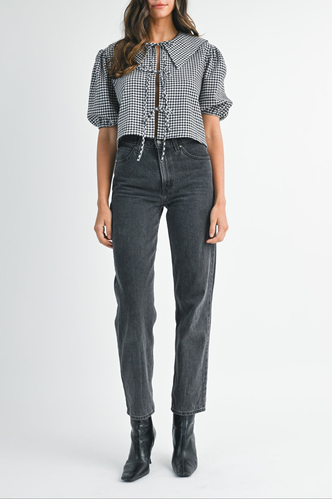 Gingham Puff Sleeve Tie-Front Cropped Blouse