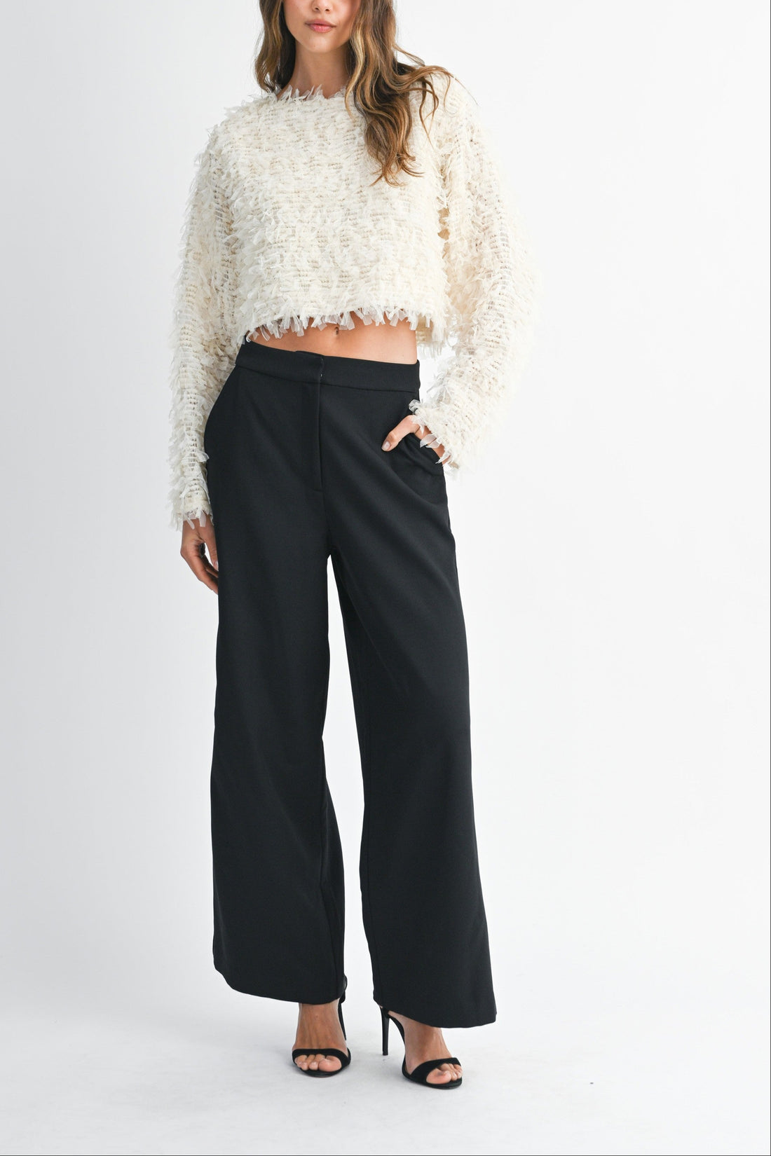 Textured Fringe Long Sleeve Cropped Top