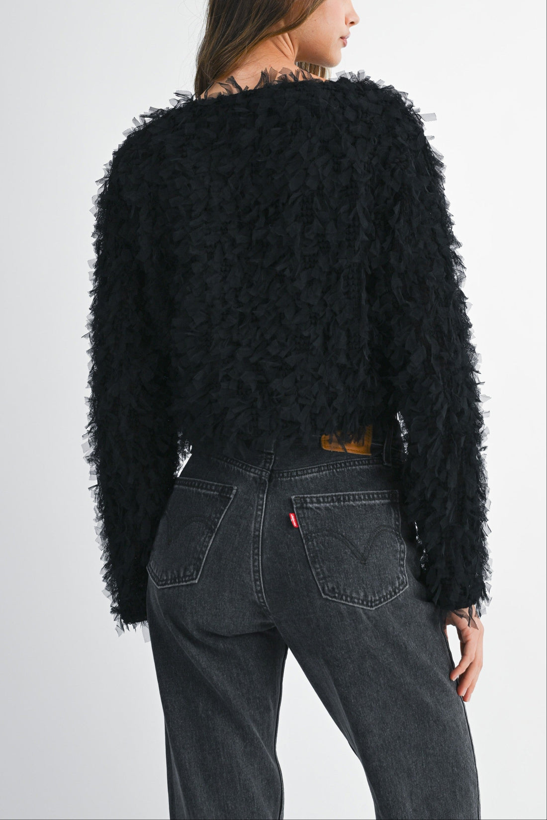 Textured Fringe Long Sleeve Cropped Top