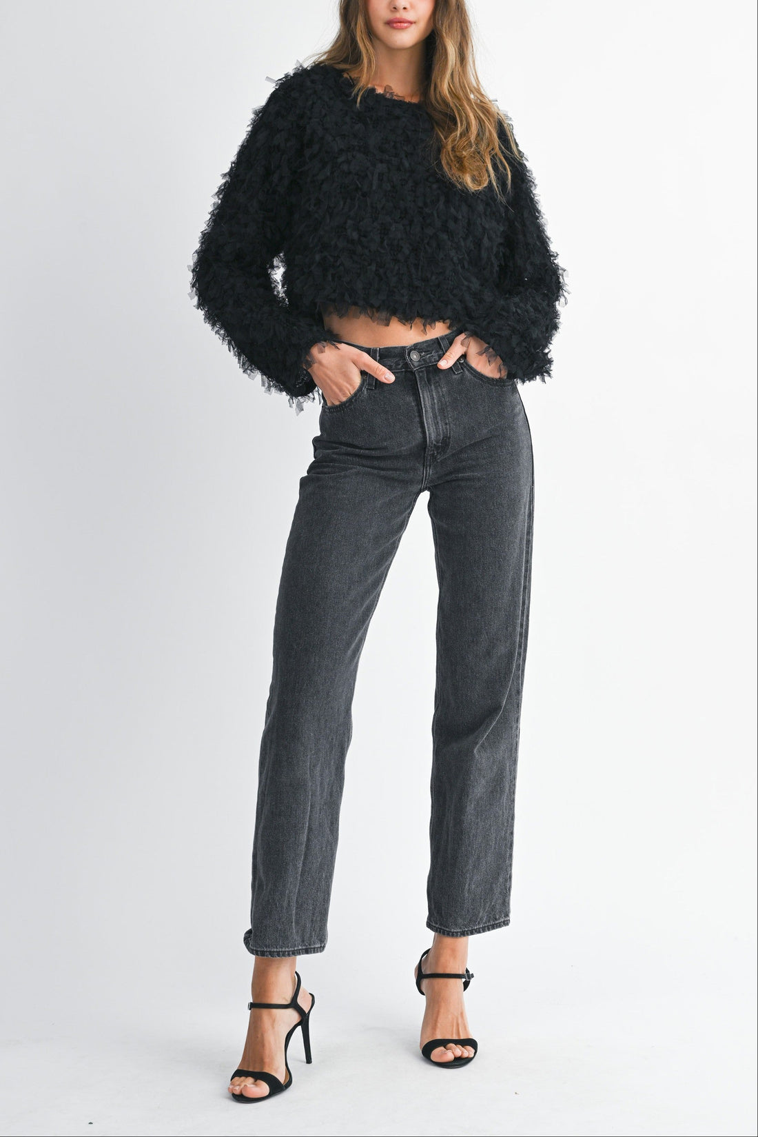 Textured Fringe Long Sleeve Cropped Top