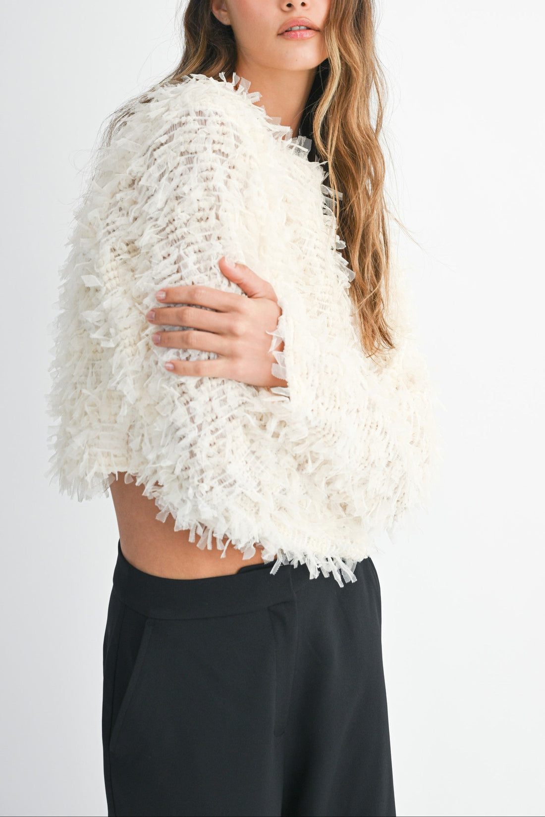 Textured Fringe Long Sleeve Cropped Top