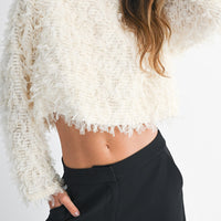 Textured Fringe Long Sleeve Cropped Top