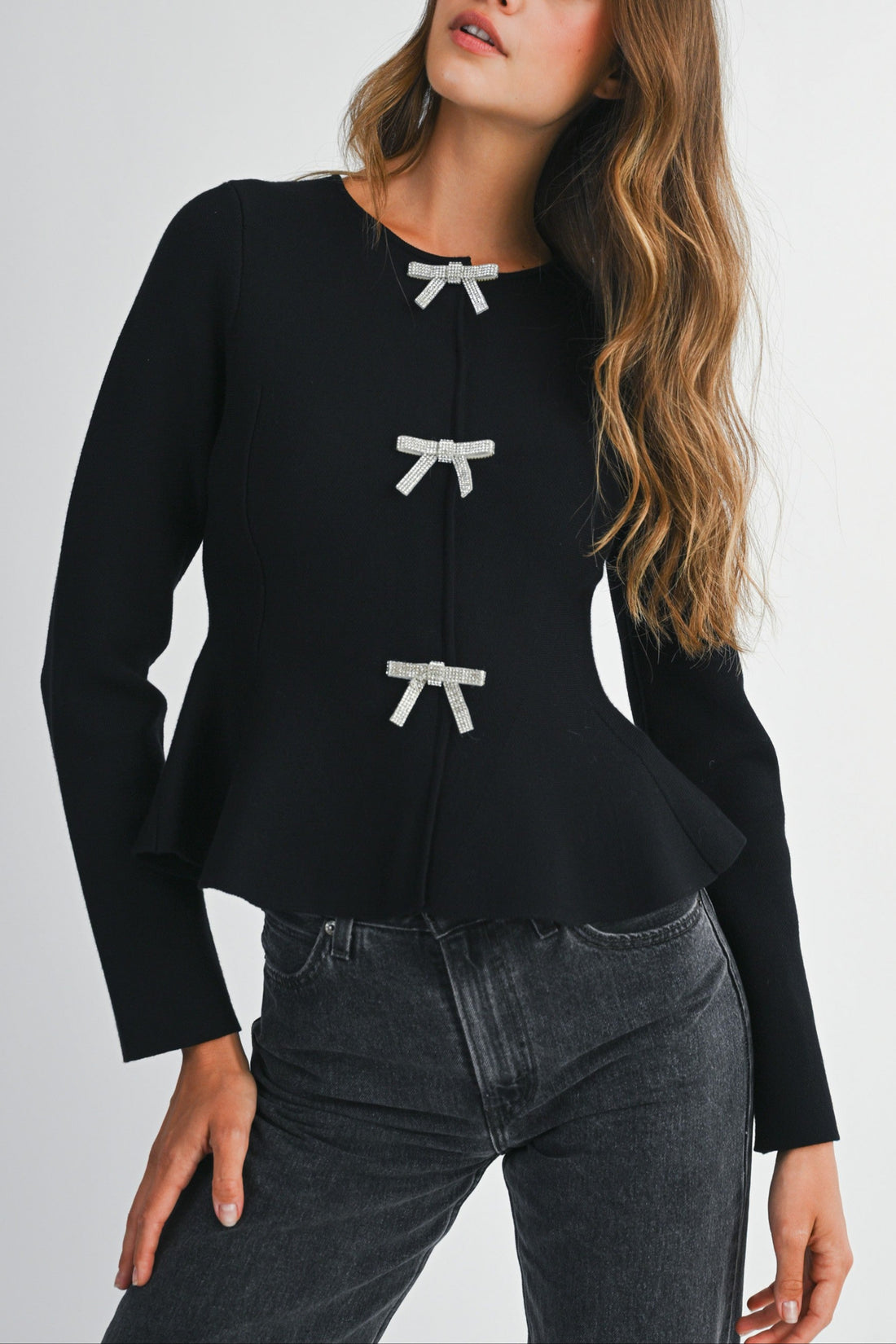 Jewel Bow Peplum Knit Top