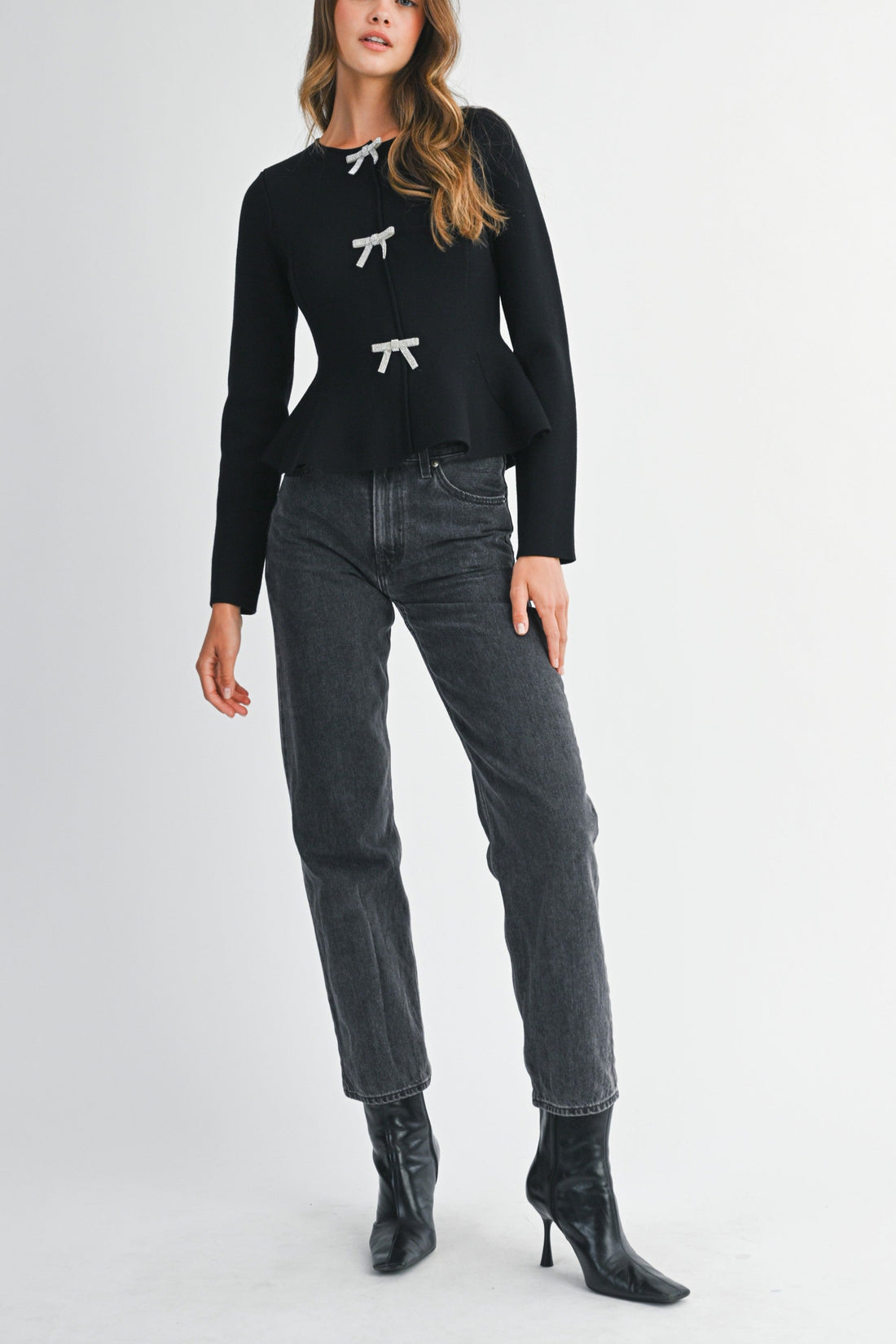 Jewel Bow Peplum Knit Top